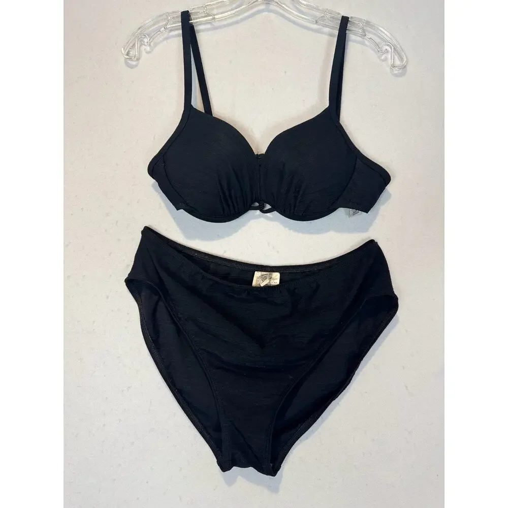 Vtg Athena Black Bikini Sz 12 Top Push Up‎ Top High Cut Bottoms